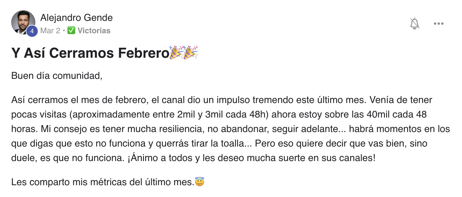 Publicación de Alejandro Gende en el Club: de 2-3 mil visitas cada 48 horas a 40 mil